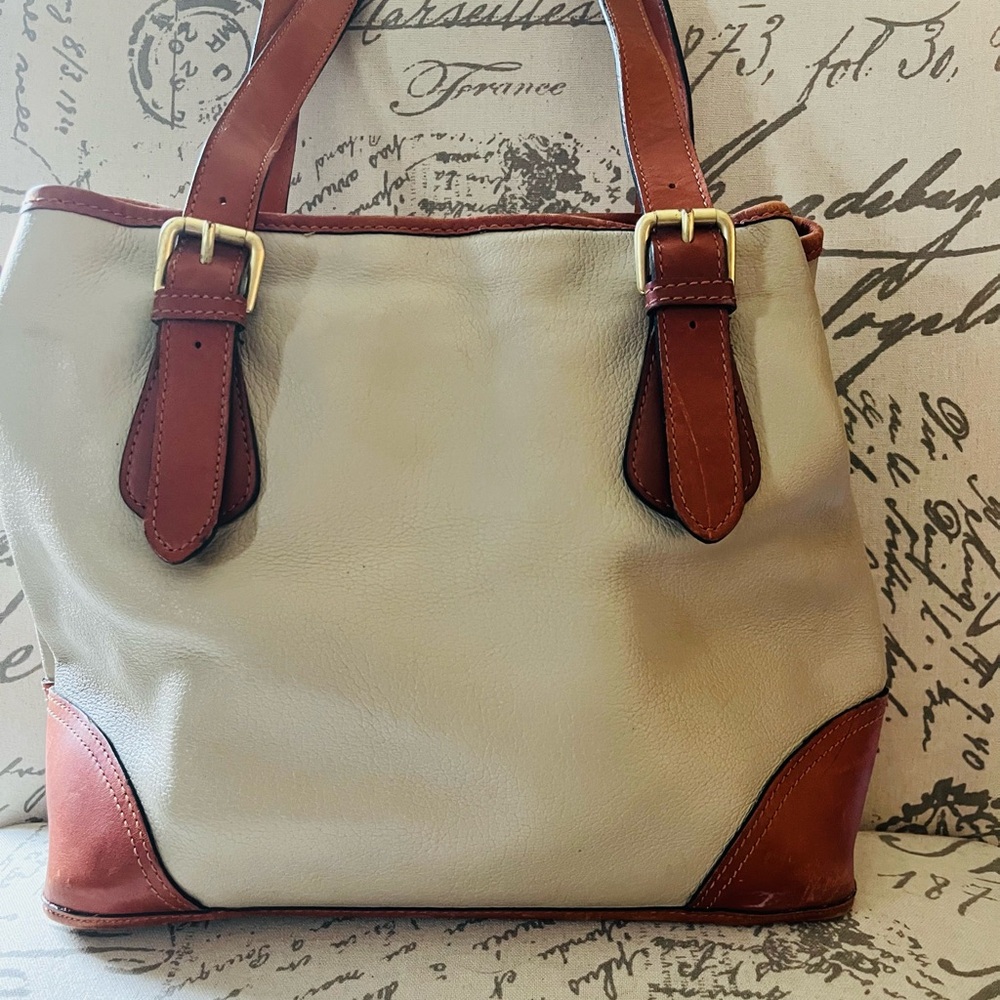 Liz Claiborne Vintage Cream and Brown Bag with Tan Leather Accents